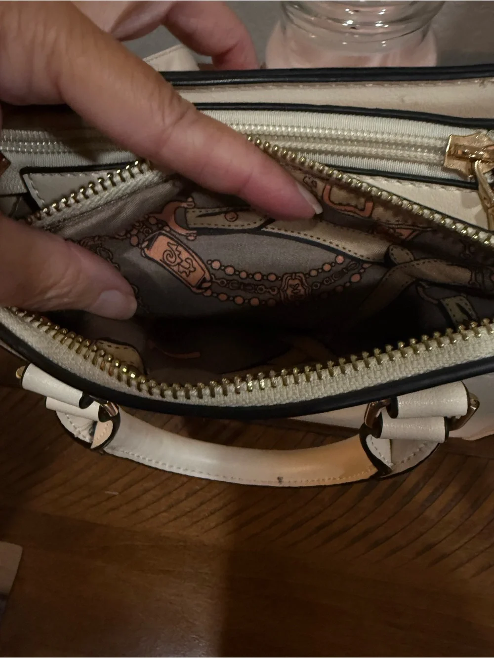 Cream Structured Top-Handle Satchel with Gold Hardware